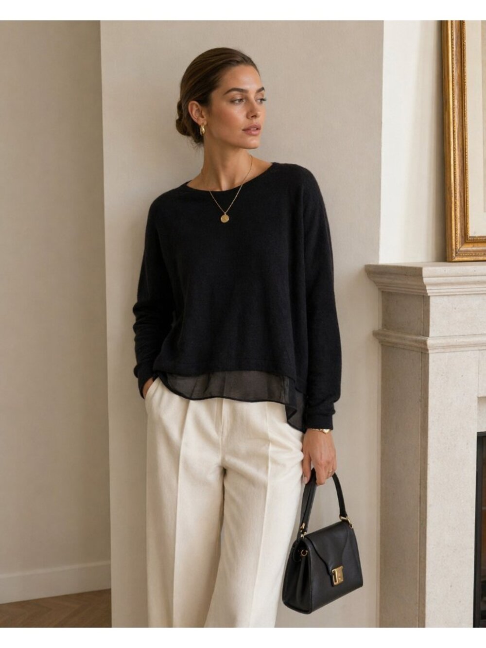 Massimo Dutti Black Cashmere Sweater Women Size M Sheer Layered Hem Luxury